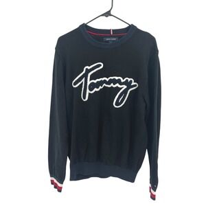 Tommy Hilfiger Script Logo Cotton Knit Sweater M Navy Crewneck‎ Preppy 2000s